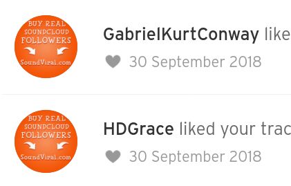 Screenshot of soundcloud notifications of accounts 'liking' tracks whose profile pictures say 'Buy real soundcloud followers'