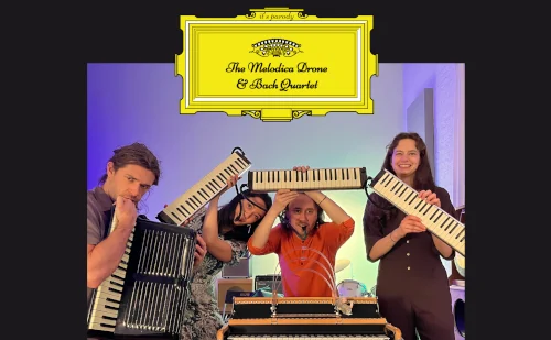 An goofy album cover showing 3 people holding melodicas and 1 person holding an accordion.